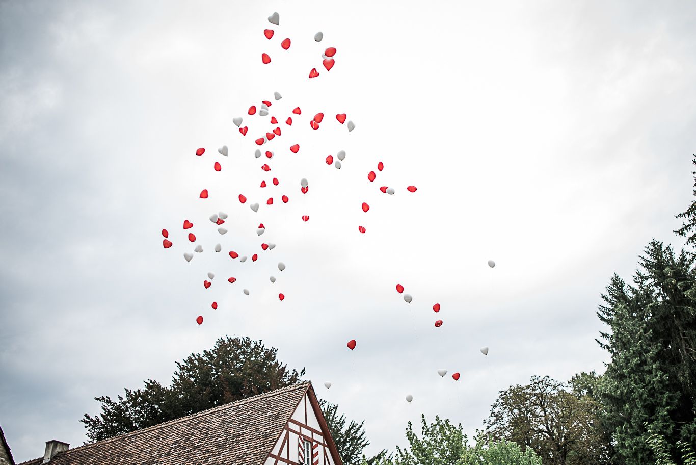 Herzluftballons steigen über einem Fachwerkhaus in den Himmel