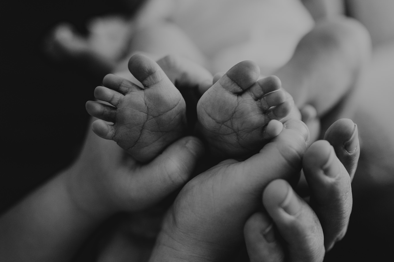 Schwarzweißaufnahme, Nahaufnahme zweier winziger Babyfüße