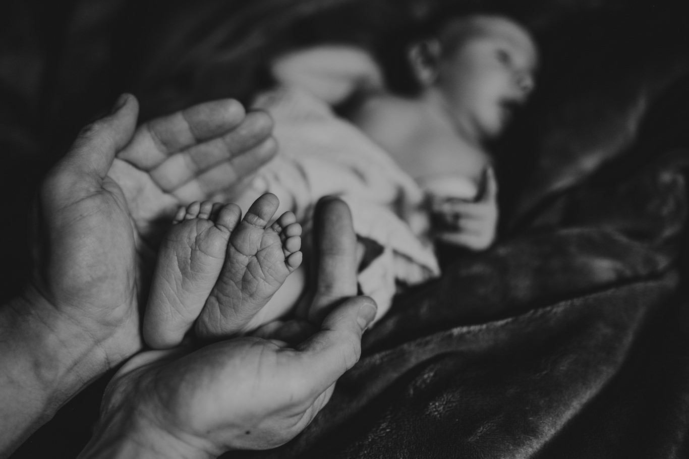 Schwarzweißaufnahme kleiner Babyhände in den Händen der Eltern