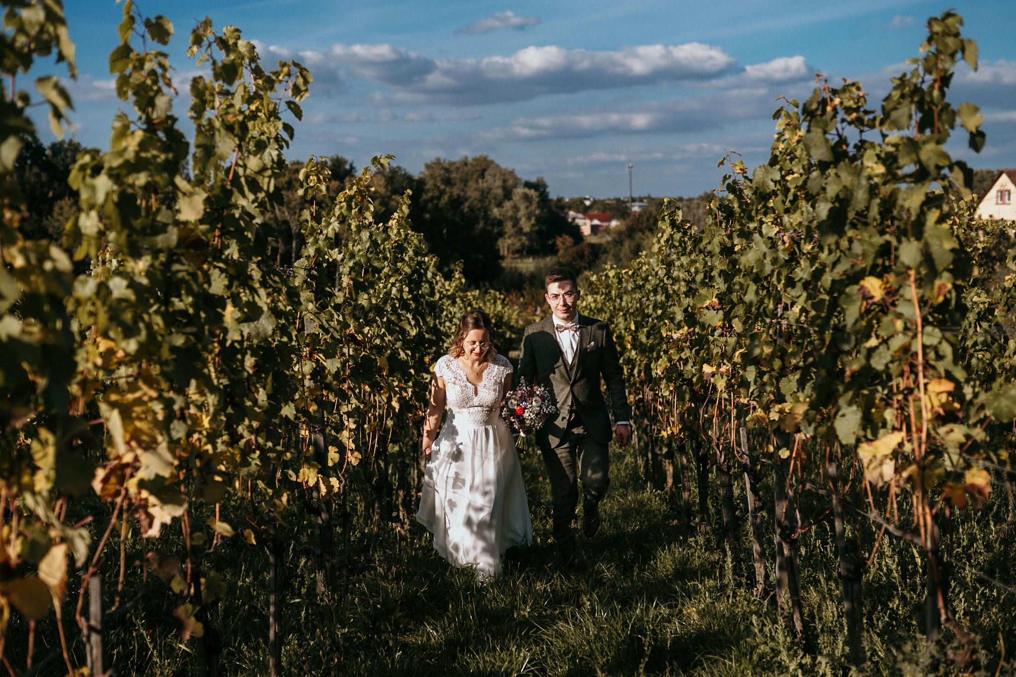 Brautpaar geht Hand in Hand durch die Reihen eines Weinbergs